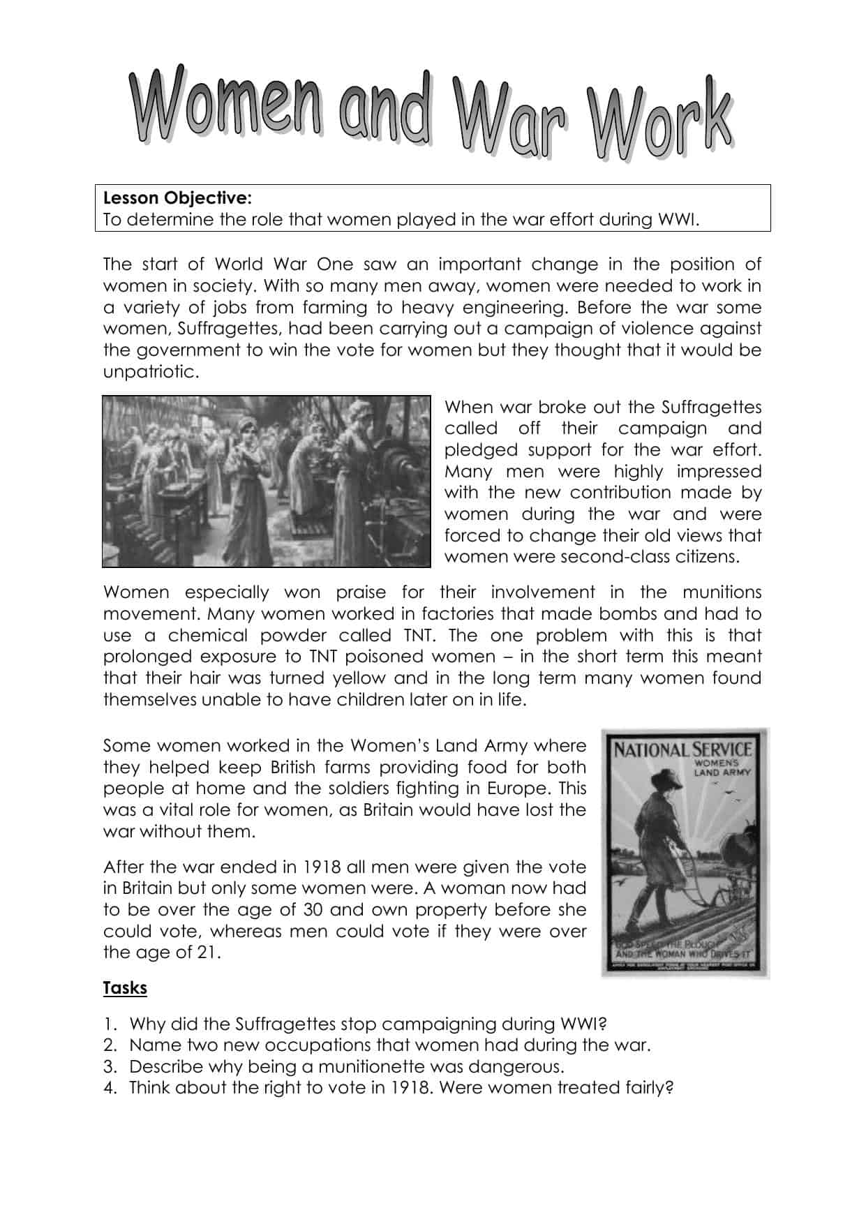 free 1 for download grade worksheet Lesson Women Worksheet the Resource KS3 and World  First  War